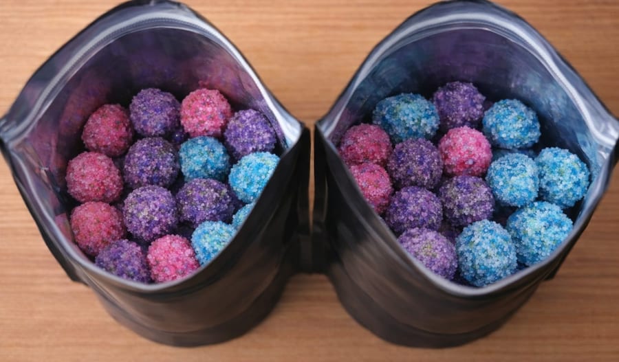 Combo Glaci-Uvas: dos bolsas abiertas de uvas congeladas rosa, morado y azul